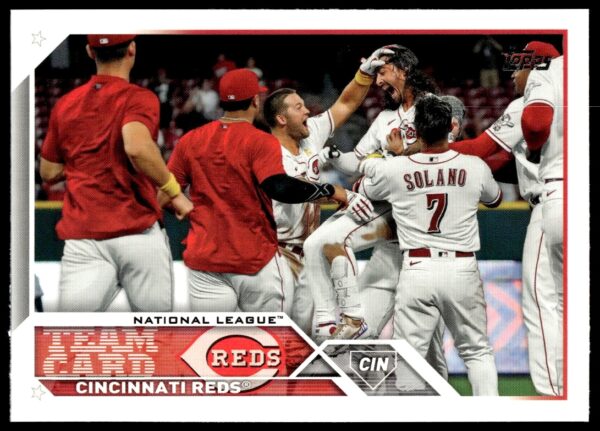 2023 Topps Series 2 Reds card #610 – Player action shot and team details.