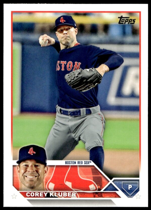 Corey Kluber pitching on 2023 Topps Series 2 card #366, showcasing concentration and skill.