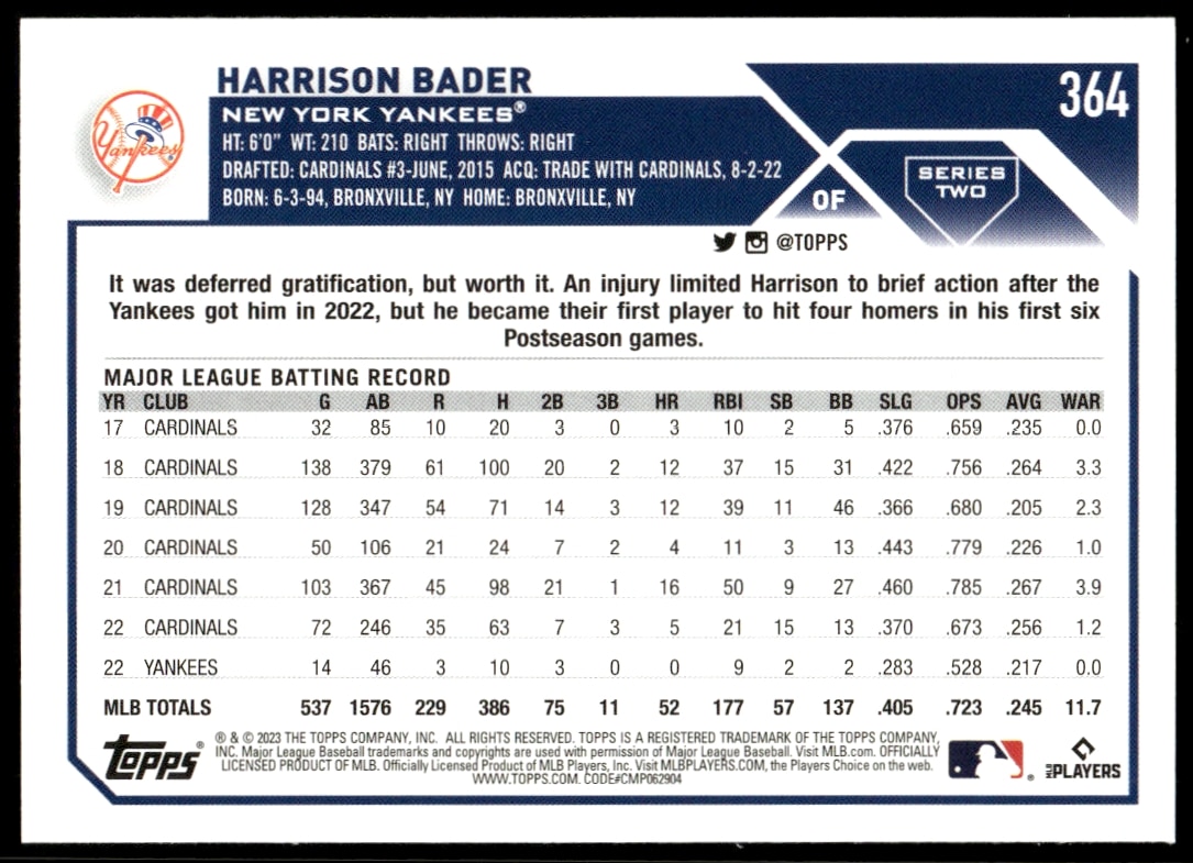 Back of 2023 Topps Series 2 Harrison Bader card #364 featuring stats and career highlights.