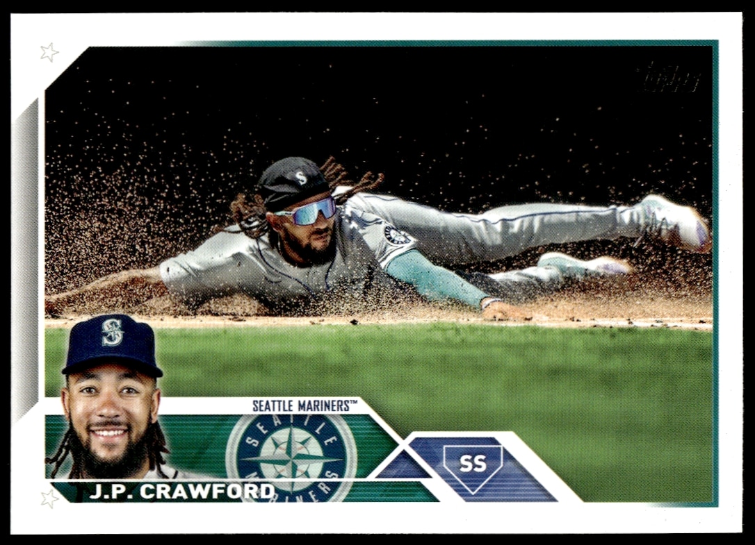 J.P. Crawford 2023 Topps Baseball Card #380, Seattle Mariners, showcasing action pose and team logo.