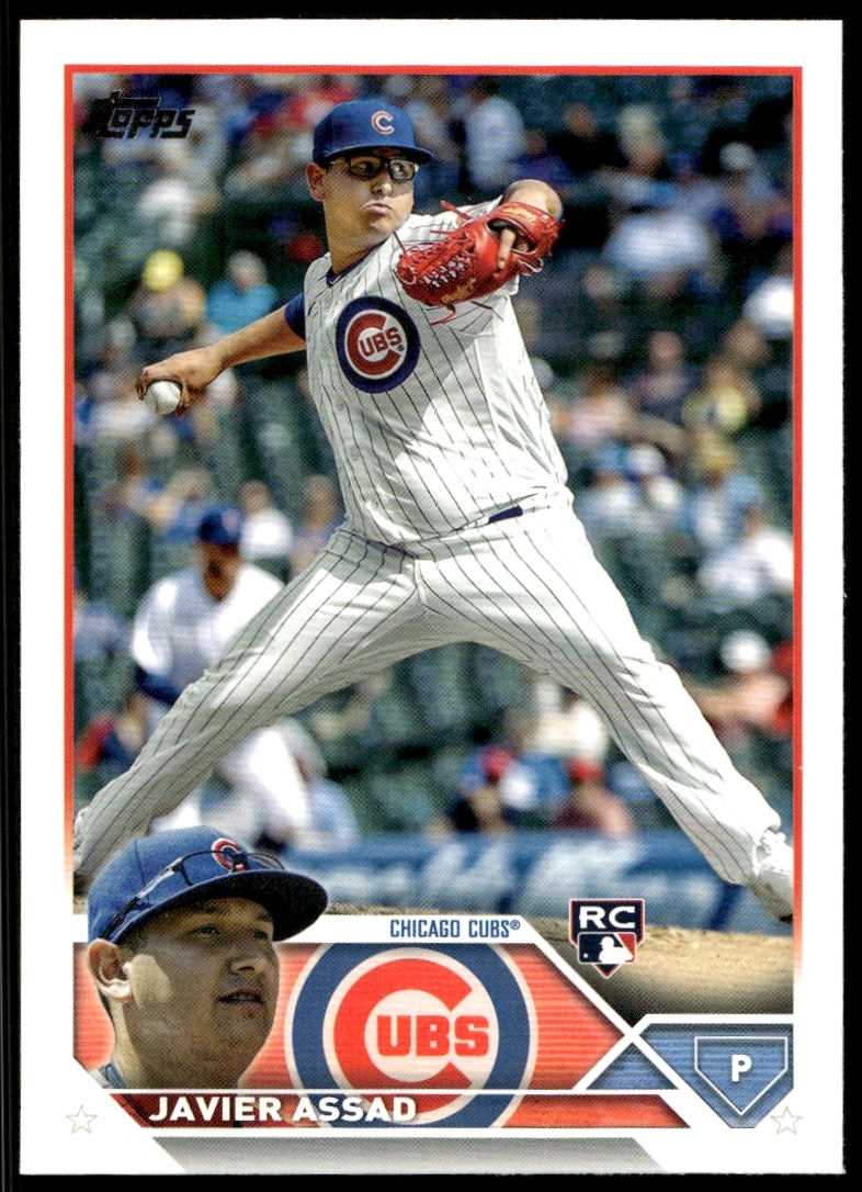 Image of Javier Assad 2023 Topps Baseball Card #444, featuring him pitching for the Cubs.