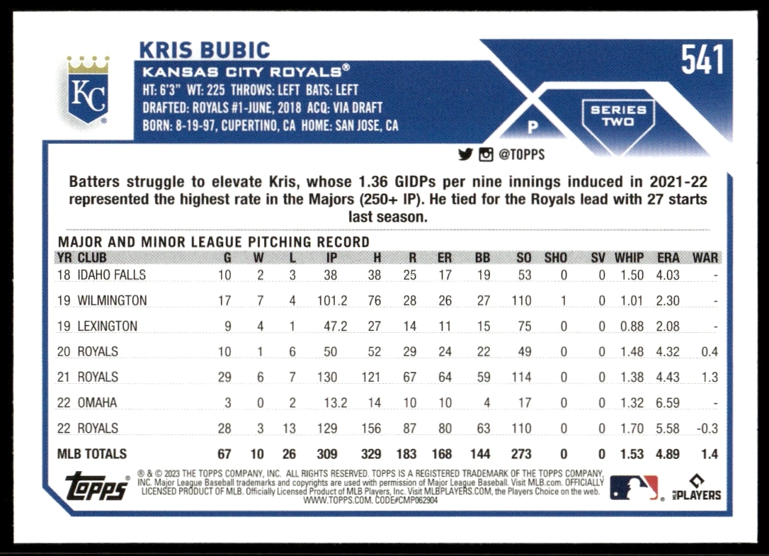 Back of Kris Bubic’s 2023 Topps Series 2 card #541 with player stats and biographical info.
