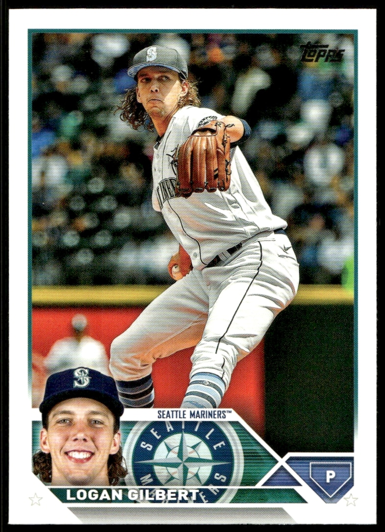 Logan Gilbert 2023 Topps Baseball Card #424, Seattle Mariners, Pitching Action Image.