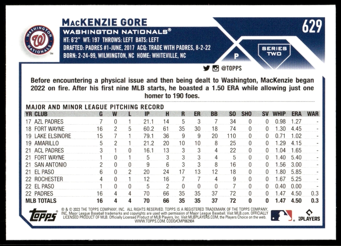 Back of MacKenzie Gore 2023 Topps Card #629, showcasing stats and achievements.
