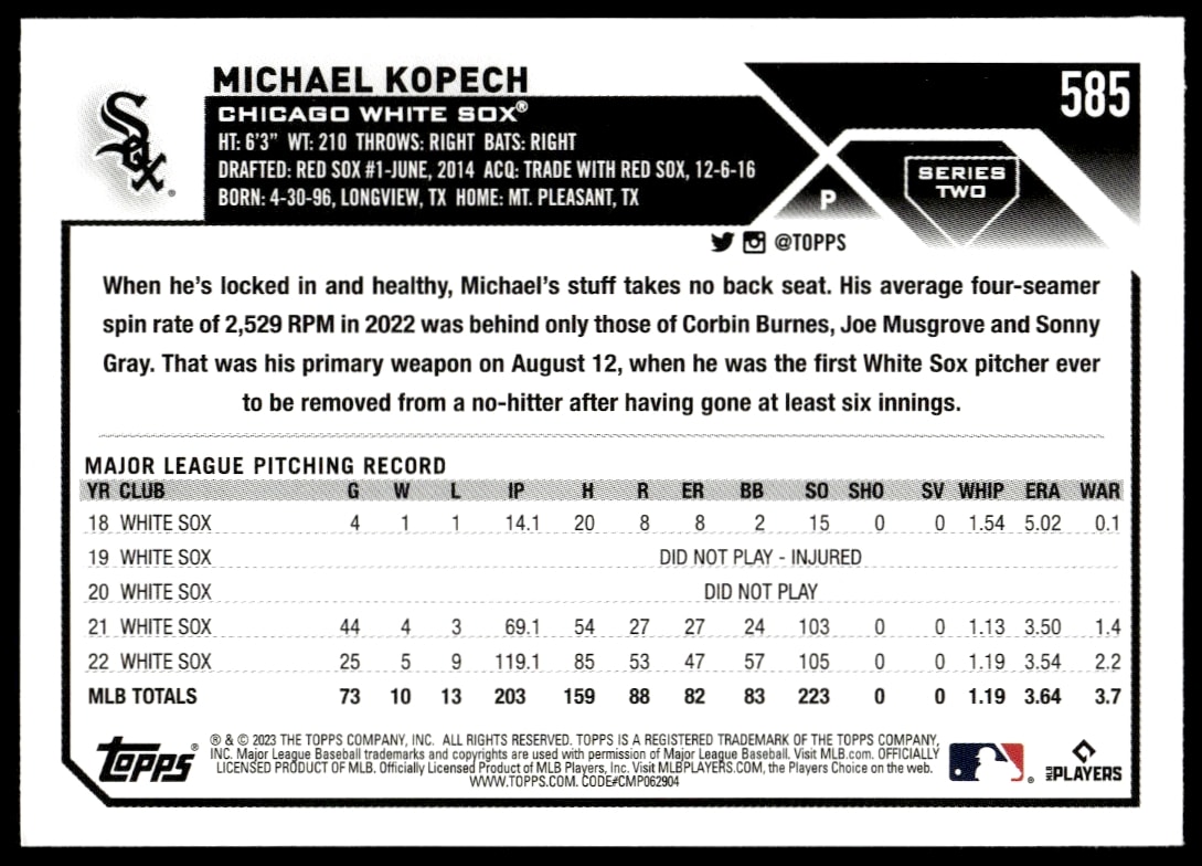 2023 Topps Series 2 Michael Kopech card back with stats and player bio.