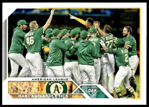 Oakland Athletics 2023 Topps Card #577 featuring team logo and player in iconic colors.