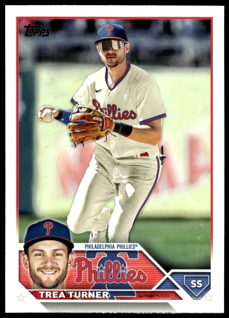 Front view of 2023 Topps Series 2 Trea Turner baseball card #475 featuring mid-action pose.