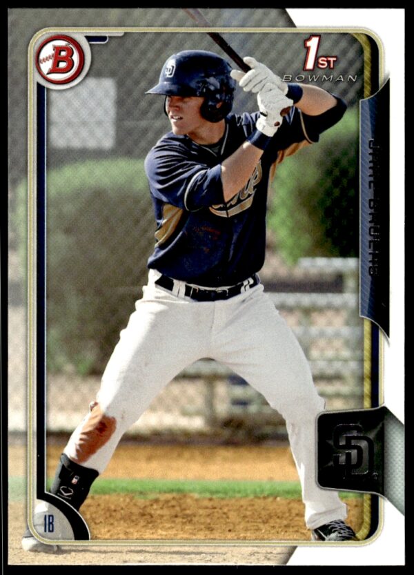 Jake Bauers 2015 Bowman Draft card: Padres prospect in action, silver border design.