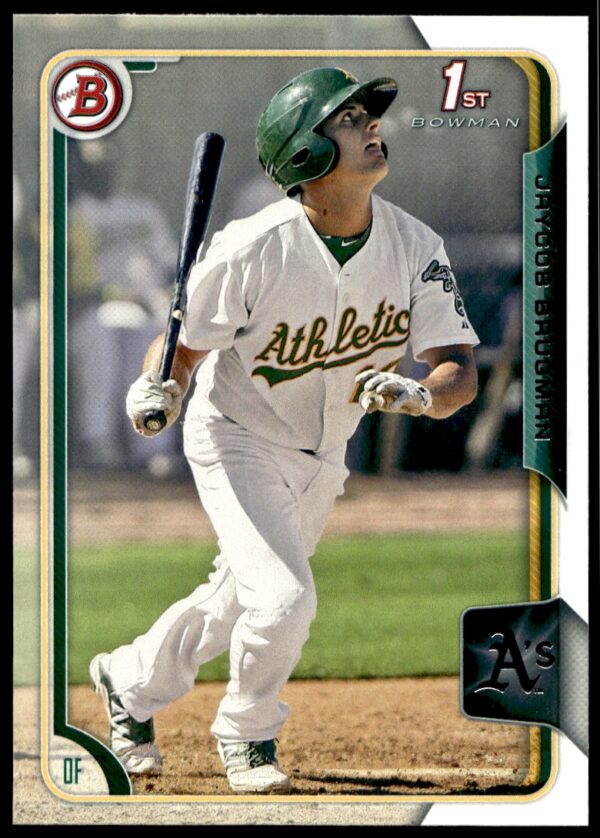 Jaycob Brugman Oakland Athletics rookie card, 2015 Bowman Draft series, action shot.