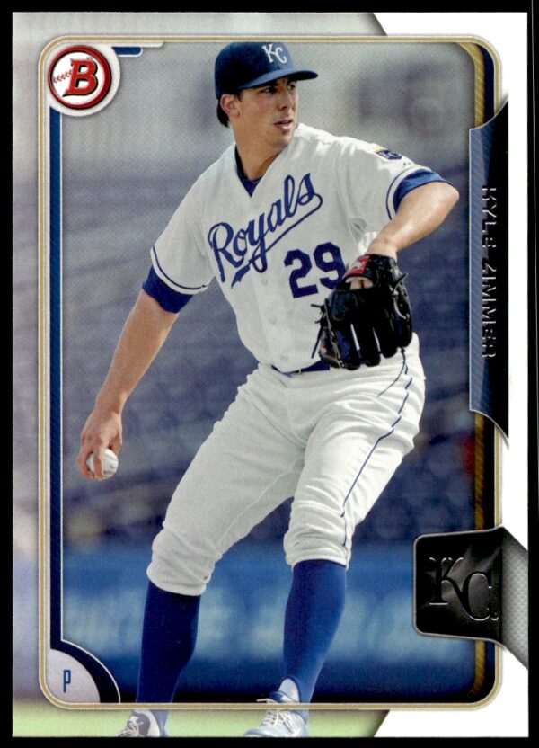 Kansas City Royals pitcher Kyle Zimmer in mid-pitch on 2015 Bowman Draft card.