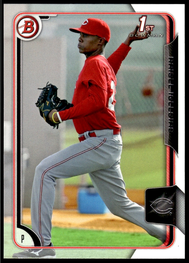 Baseball pitcher in red mid-pitch, 2015 Bowman Draft Raisel Iglesias card, dynamic pose.