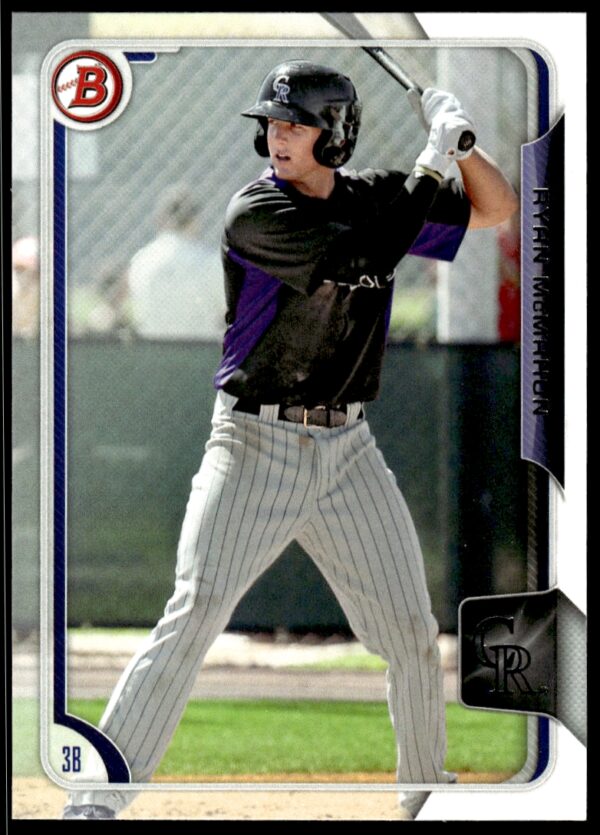Ryan McMahon 2015 Bowman Draft rookie card, Colorado Rockies uniform, batting stance.
