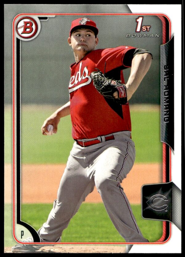 2015 Bowman Draft Sal Romano baseball card, Cincinnati Reds, mid-pitch action shot.