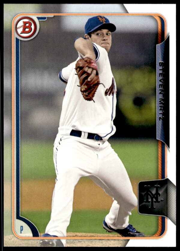 2015 Bowman card of Steven Matz in pitching action, glossy modern design.