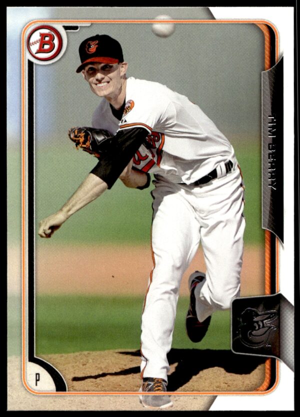 2015 Bowman Draft card of pitcher Tim Berry mid-delivery, featuring MLB action.