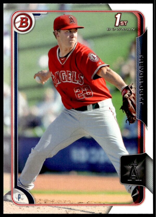 Trevor Gott 2015 Bowman Draft rookie card, Los Angeles Angels pitcher in action.