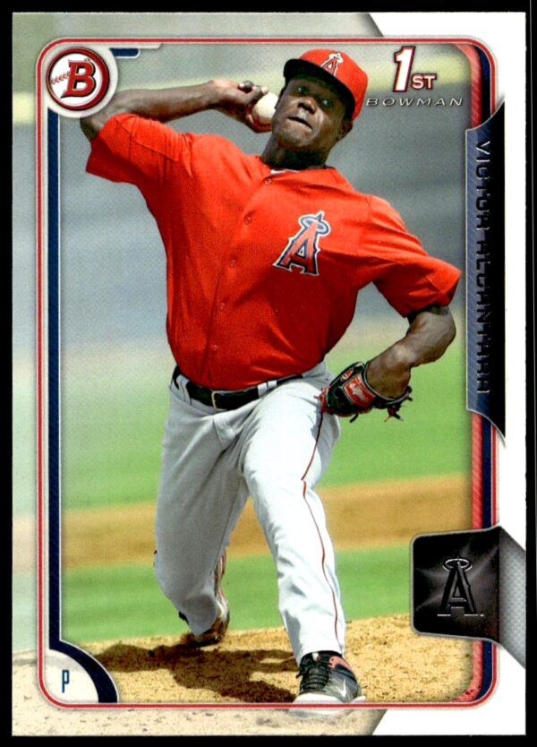 Victor Alcantara pitching, 2015 Bowman Draft card, Los Angeles Angels, red jersey.