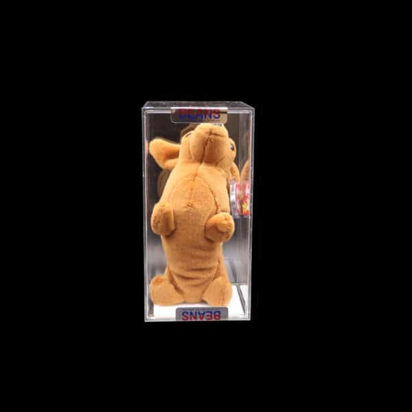 Tan collectible teddy bear in a clear display box against a black background.