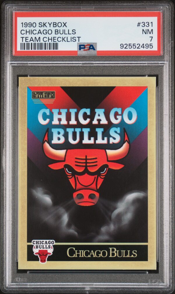 1990 Skybox Chicago Bulls PSA 7 trading card with iconic team logo in protective case.