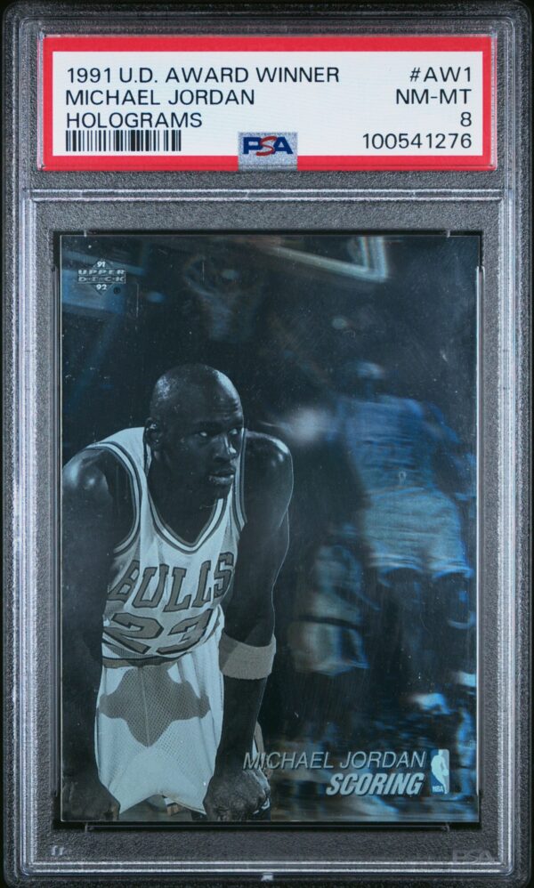 1991 Michael Jordan Upper Deck Hologram Award Winner Card, PSA 8, collectible sports memorabilia.