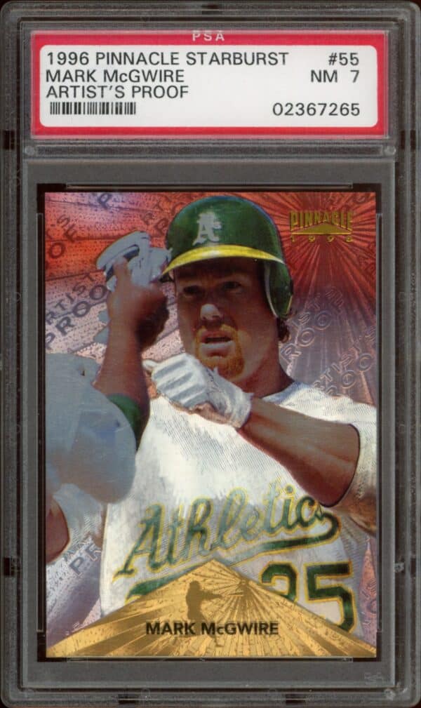 1996 Pinnacle Starburst Mark McGwire Artists Proof PSA 7 Baseball Card in Oakland Athletics uniform.