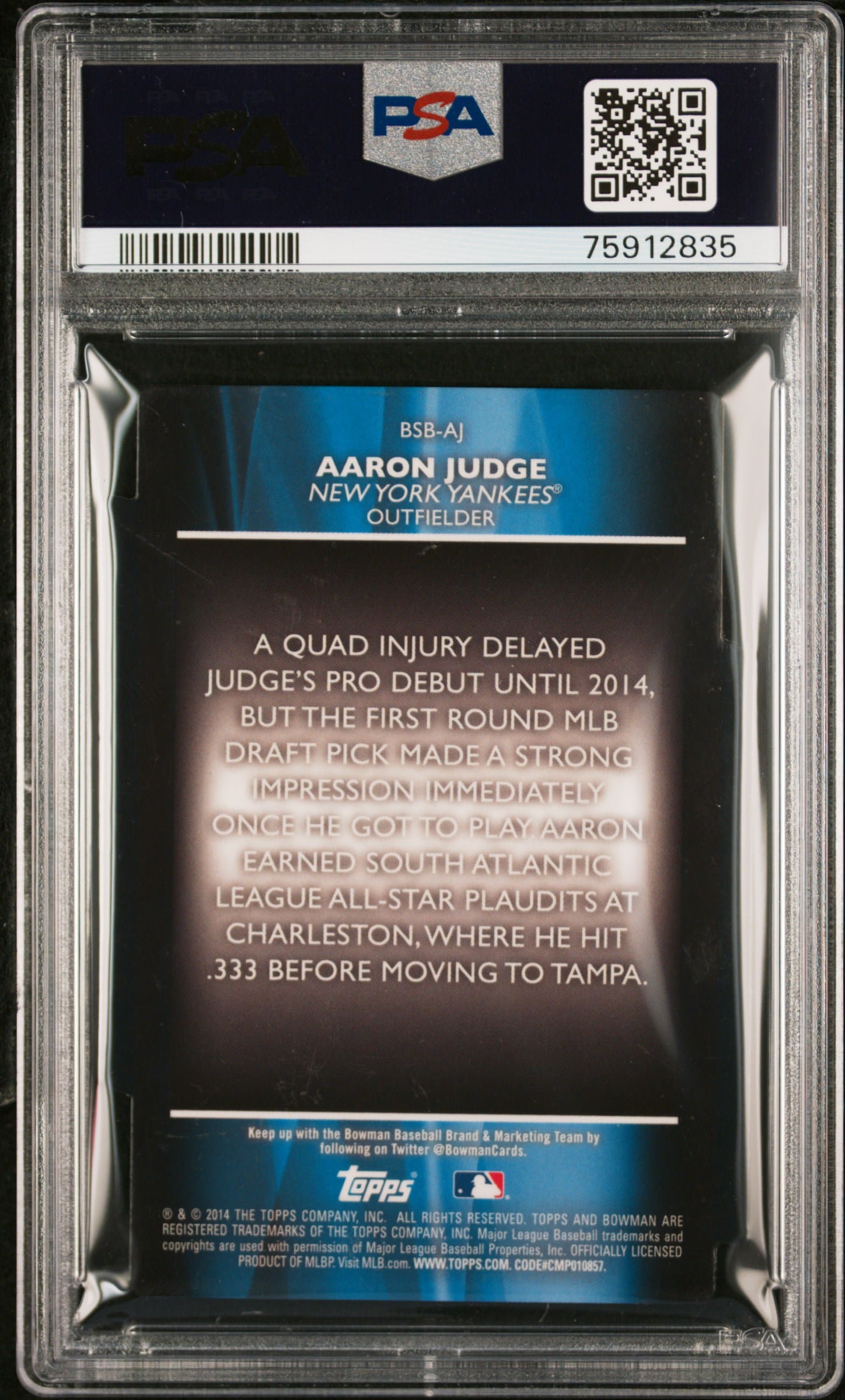 2014 Aaron Judge PSA 7 Bowman Draft card back in protective case, enhancing collectors value.