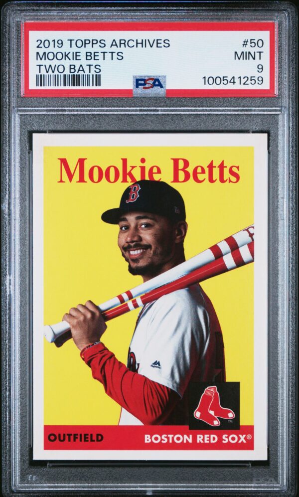Mookie Betts 2019 Topps Archives baseball card, PSA 9, vintage style, Red Sox uniform.