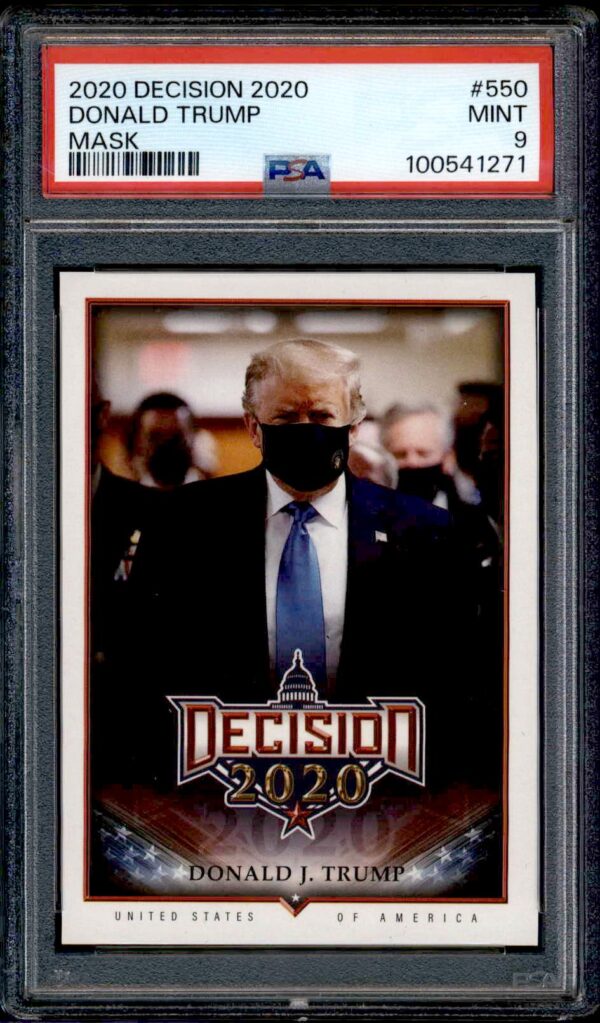 Donald Trump Mask card graded PSA 9, from 2020 Leaf Decision Series 2.