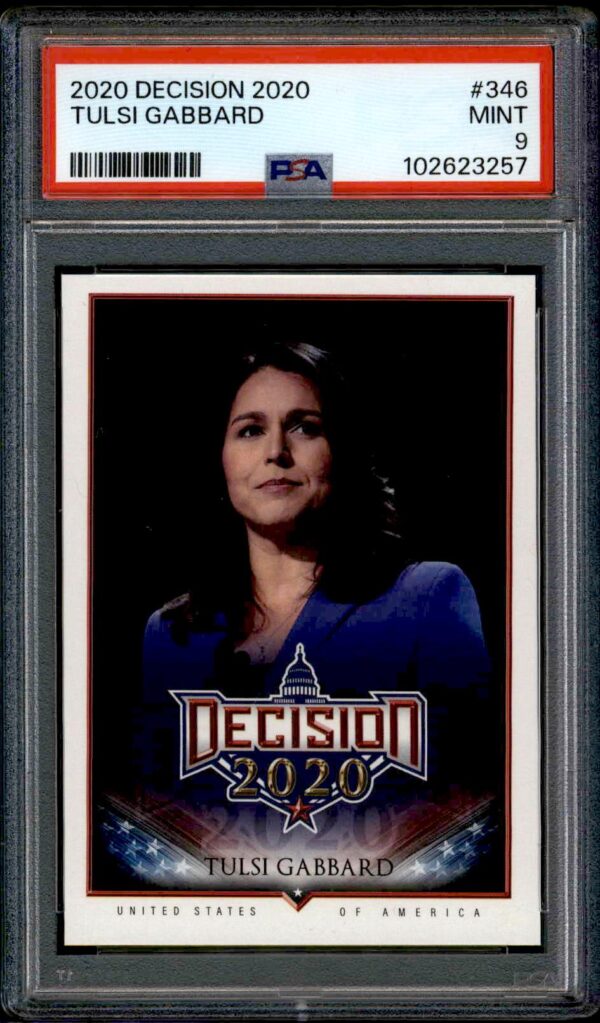 Tulsi Gabbard 2020 trading card graded Mint 9 by PSA, collectible political memorabilia.