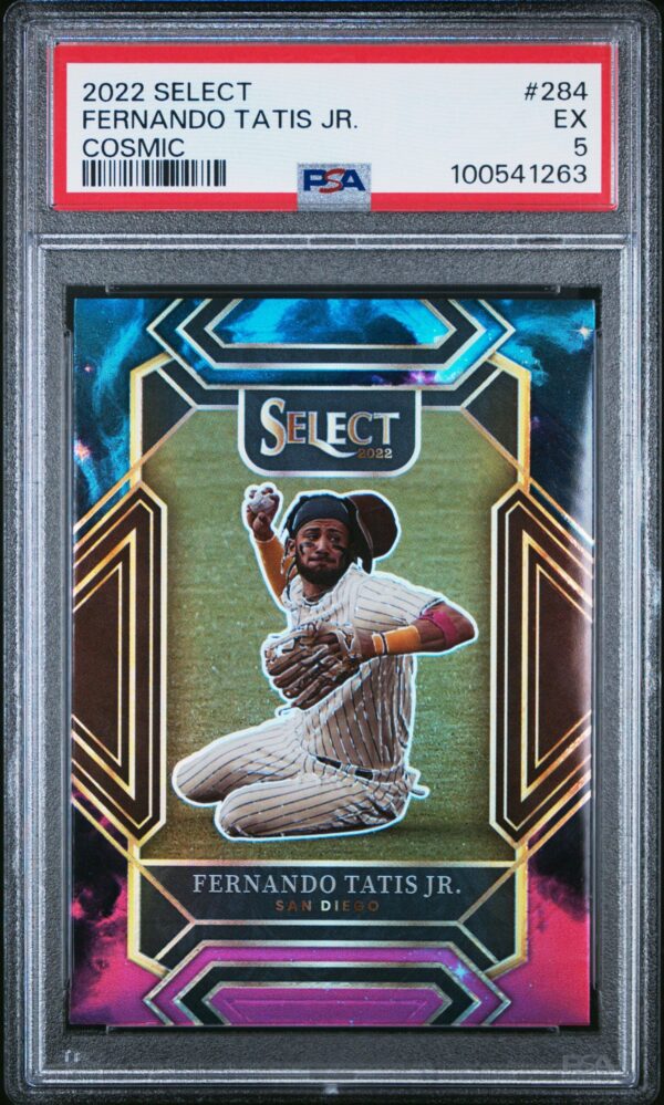 2022 Select Fernando Tatis Jr. baseball card graded PSA 9, vibrant design.