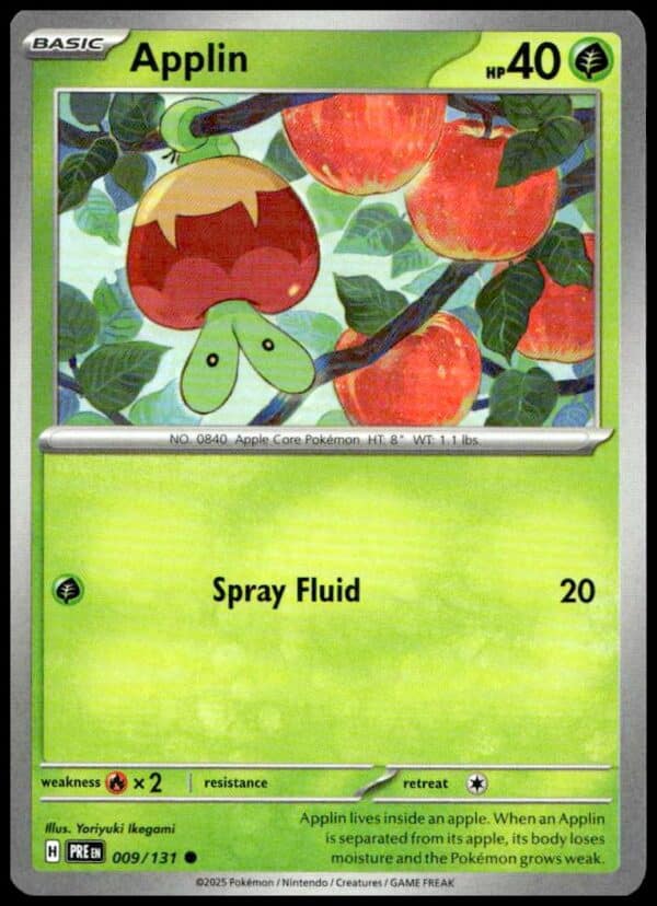 Applin Pokémon card: Grass-type, 40 HP, orchard artwork, Spray Fluid attack, set #009/131.