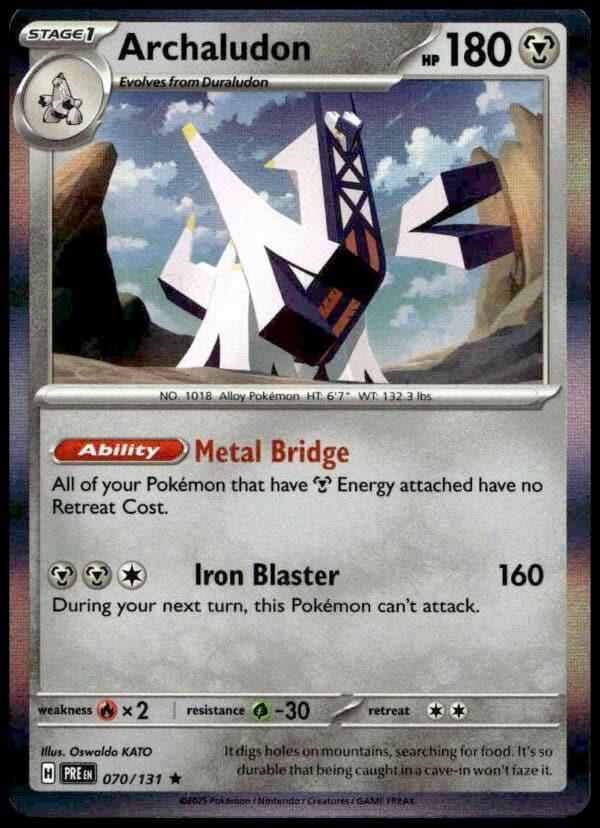 Archaludon Holo card from Pokémon Prismatic Evolutions set, 2025, with Metal Bridge ability.