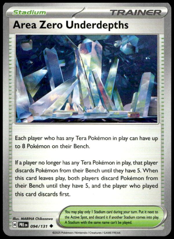 2025 Pokémon TCG card: Area Zero Underdepths with Terastal Bench boost mechanic.