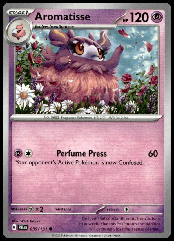 Aromatisse Pokémon card 2025: Fairy-type, 120 HP, Perfume Press, Prismatic Evolutions set.