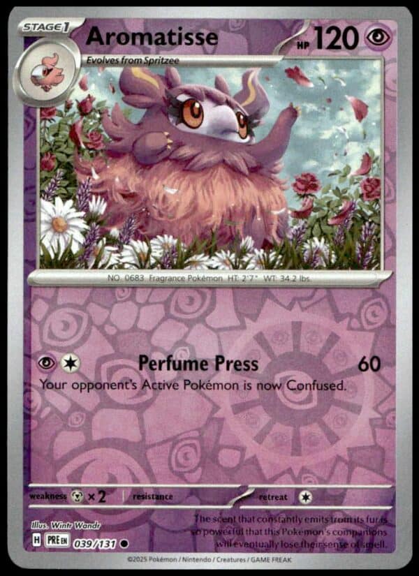 2025 Prismatic Evolutions Aromatisse Reverse Holo card: 120 HP, 60 damage Perfume Press attack.