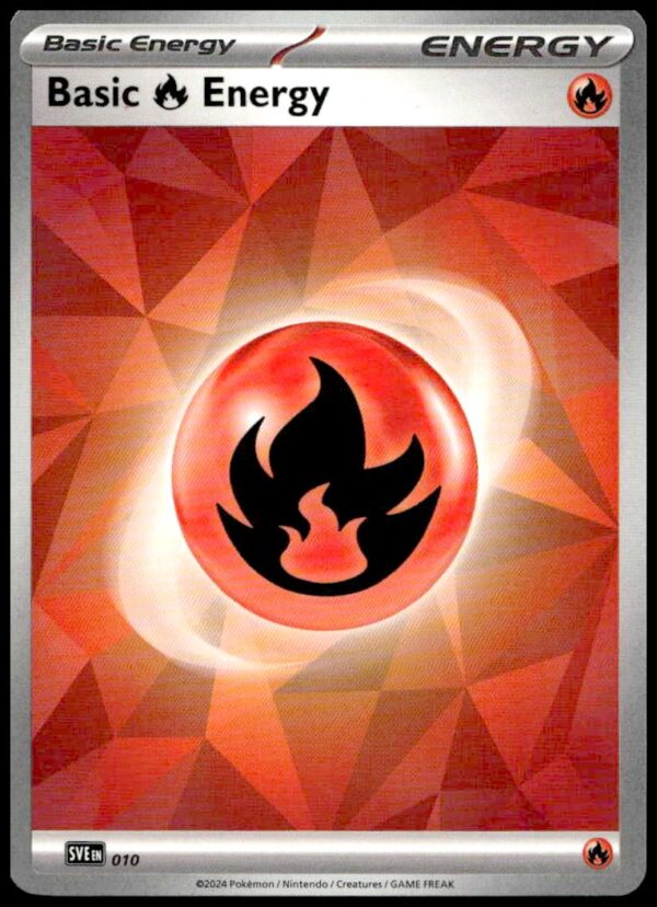 Basic Fire Energy Card with dynamic geometric design from Pokémon TCG Prismatic Evolutions set.
