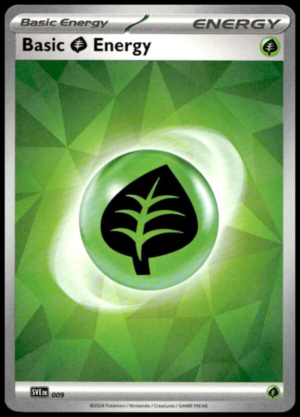 2025 Pokémon Prismatic Evolutions Grass Energy Card, vibrant green with black leaf symbol.