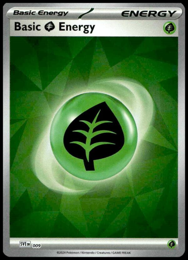 Pokémon Basic Grass Energy card with emerald background and black leaf icon.