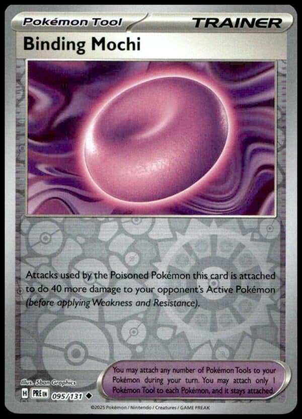 Binding Mochi Trainer Card from Pokémon TCG Prismatic Evolutions, featuring glowing mochi artwork.