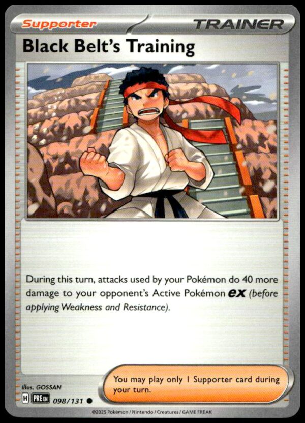 Black Belts Training card enhances Pokémon attacks with martial arts strength. 2025 Pokémon Scarlet & Violet.