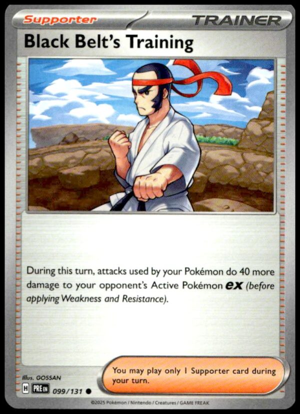 Black Belts Training card: Supporter role, martial artist, scenic backdrop, strategic gameplay benefit.