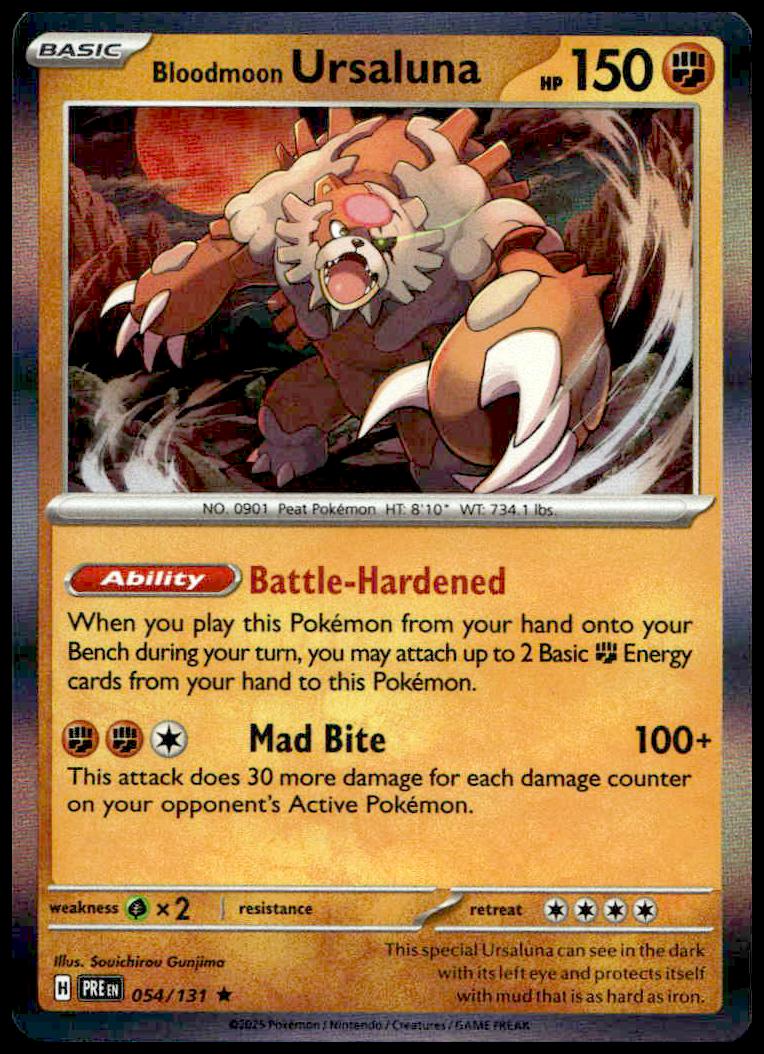 Bloodmoon Ursaluna Pokémon Card: 150 HP, rare holo with powerful attacks, Prismatic Evolutions set.