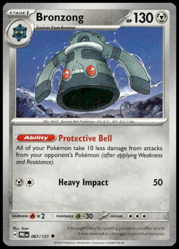 2025 Prismatic Evolutions Bronzong card, Steel/Psychic type with 130 HP and Mystic Night Sky art.