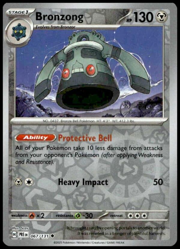 Bronzong Reverse Holo card from 2025 Prismatic Evolutions; 130 HP, Aura, Heavy Impact attacks.