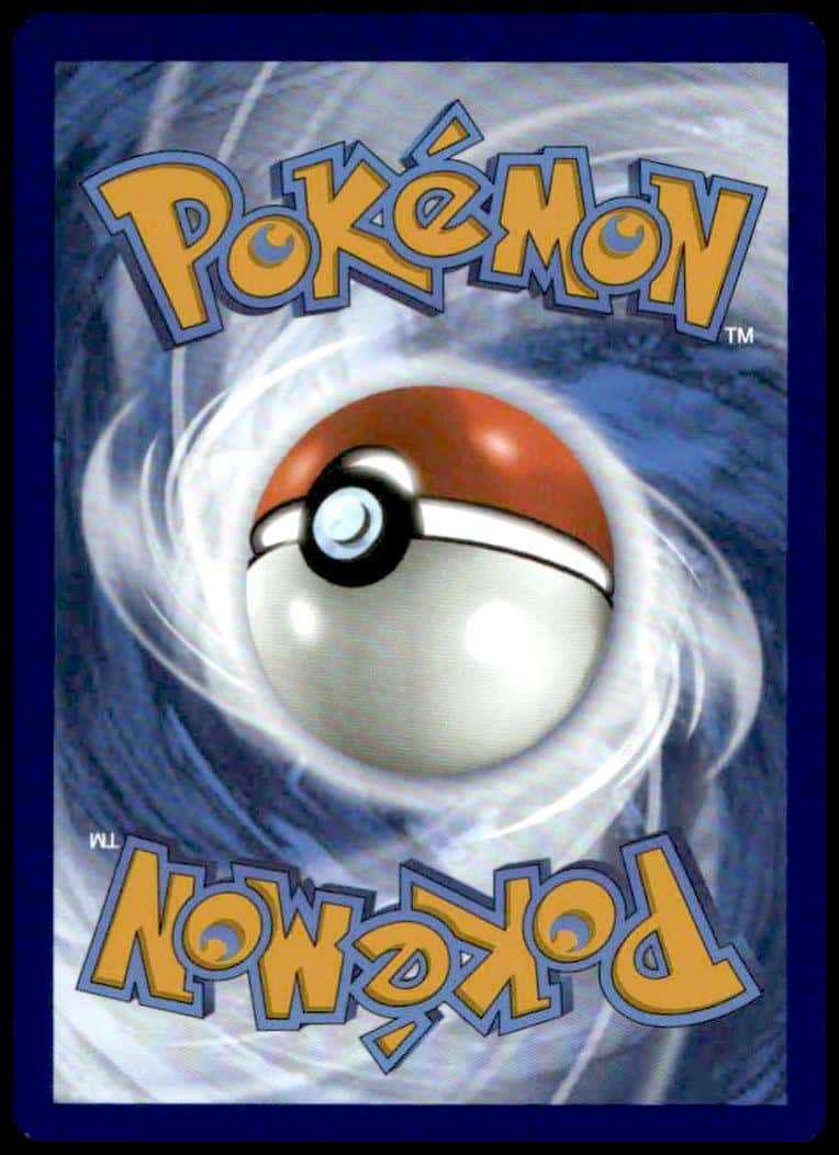 Pokémon card back with blue vortex, Poké Ball, and yellow logo; iconic design since 1990s.