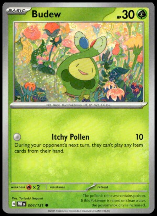 Budew Pokémon Card from 2025 Scarlet & Violet set, featuring Itchy Pollen attack and 30 HP.