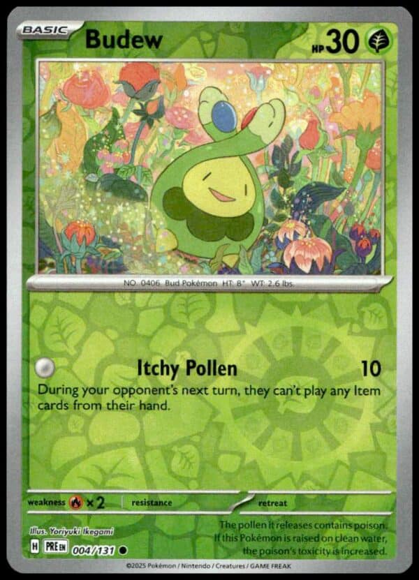 Budew card with Itchy Pollen attack, preventing item usage; Pokémon Scarlet & Violet set.