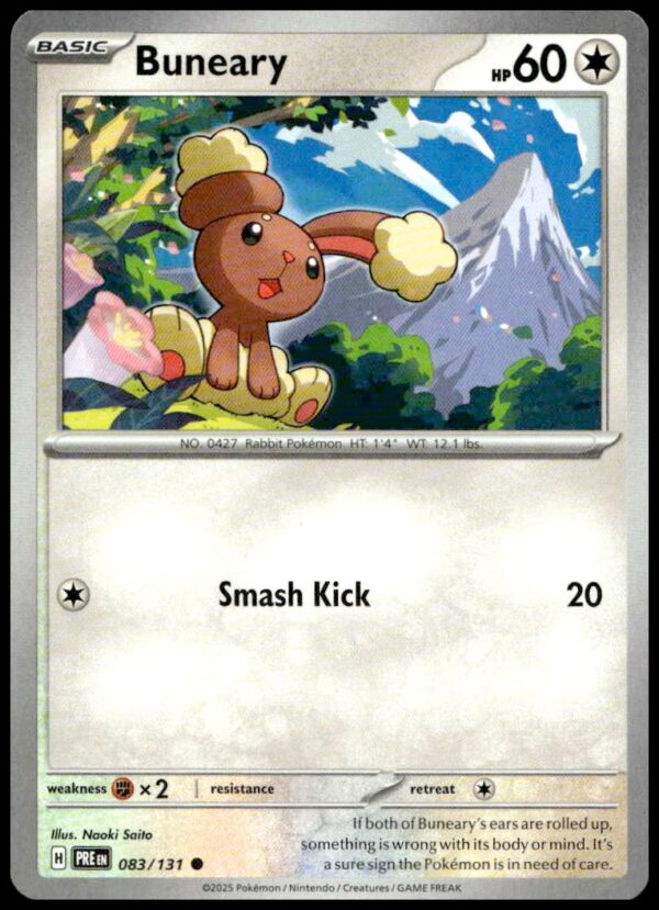 Buneary Pokémon card, 2025 Scarlet & Violet series, featuring vibrant landscape and 20-damage Smash Kick attack.