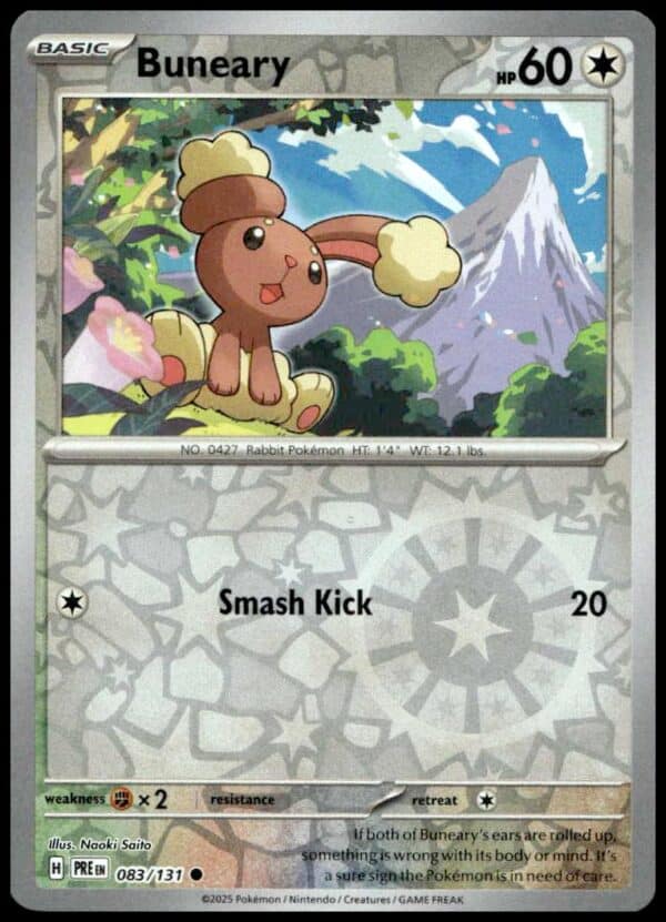 Buneary Reverse Holo card from 2025 Prismatic Evolutions set with 60 HP and Smash Kick.