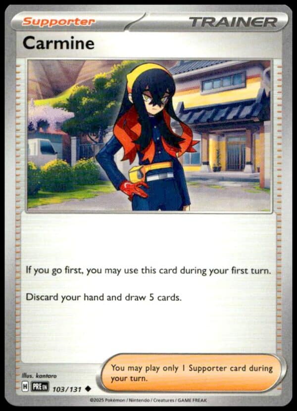 2025 Pokémon TCG Carmine: Supporter Trainer card, hand-refresh effect in a quaint town setting.